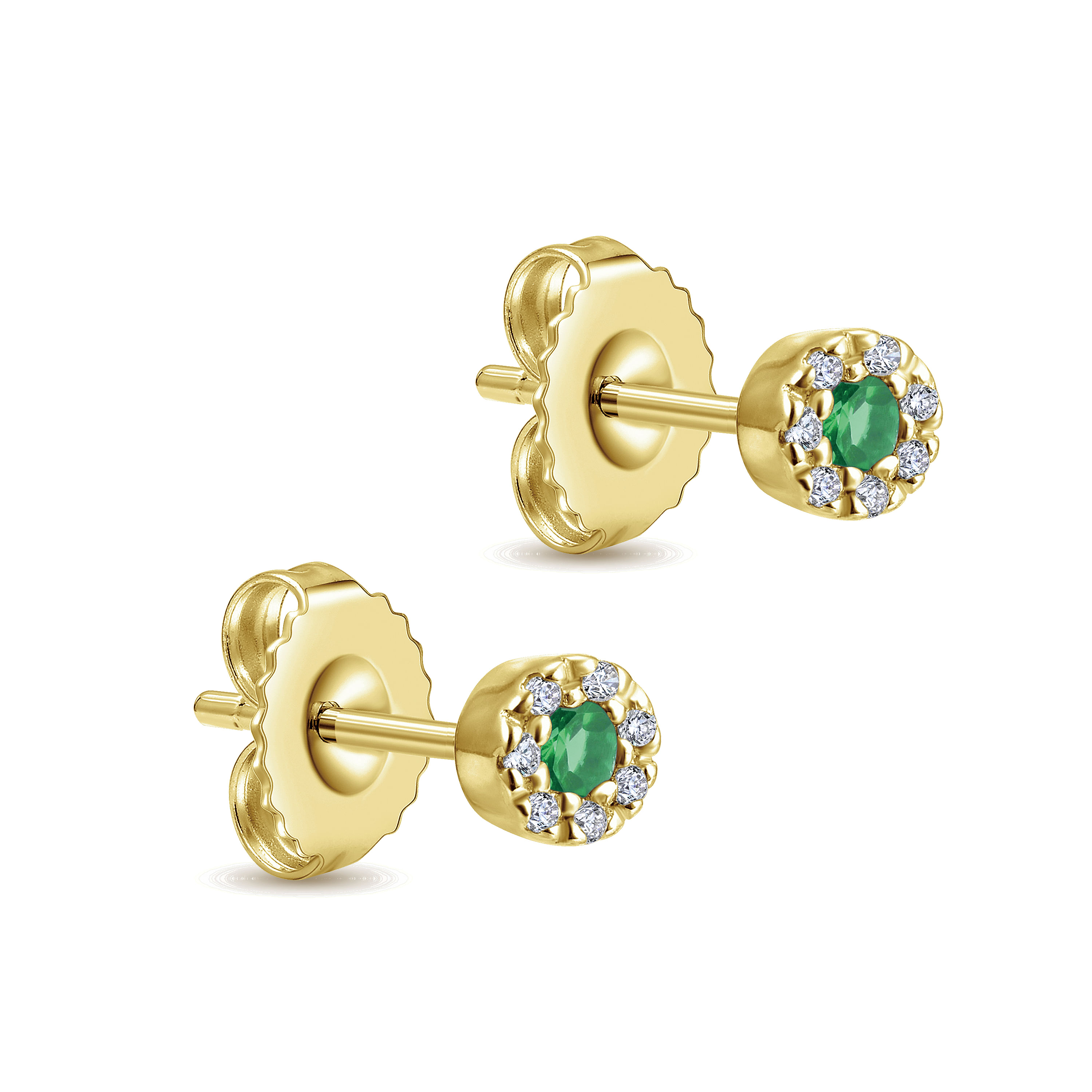 14K Yellow Gold Emerald and Diamond Halo Stud Earrings