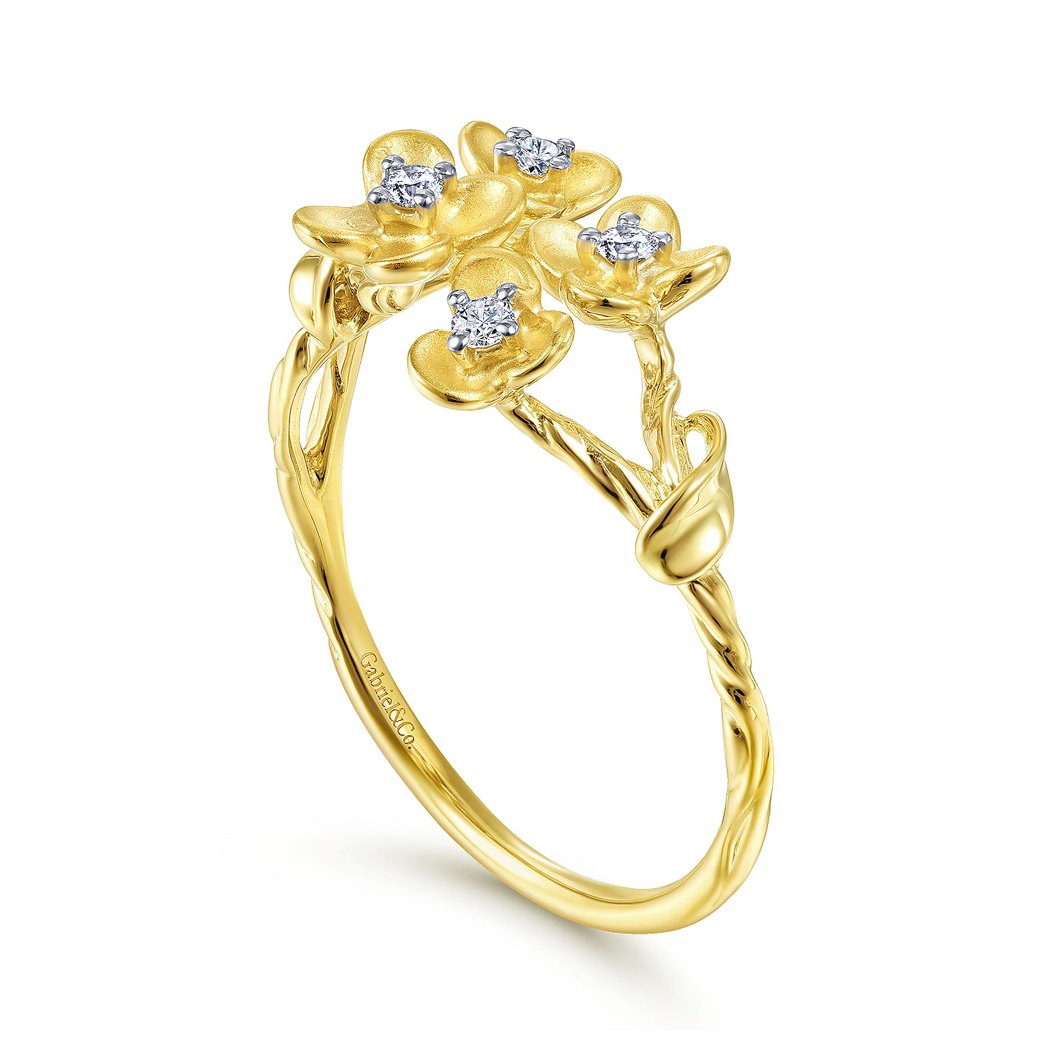 14K Yellow Gold Engraved Floral Diamond Ring