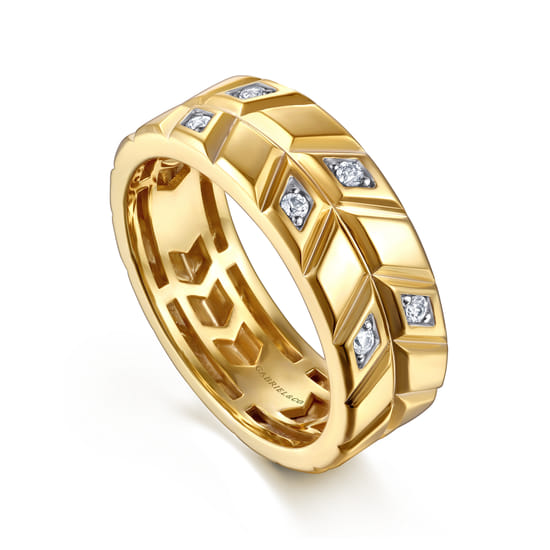 14K Yellow Gold Faceted Diamond Fashion Men's Ring angle 3