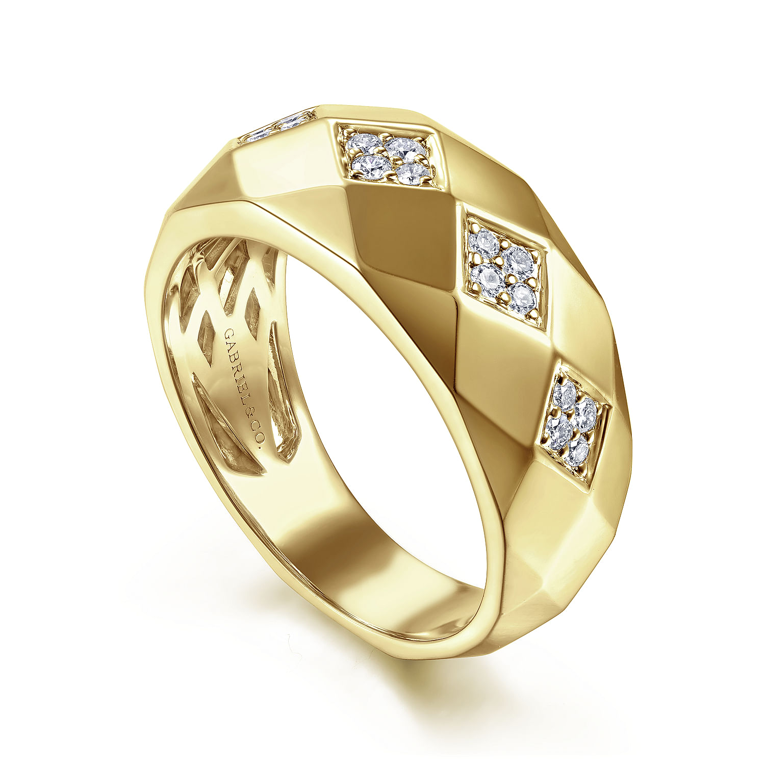14K Yellow Gold Faceted Diamond Ring in High Polished Finish