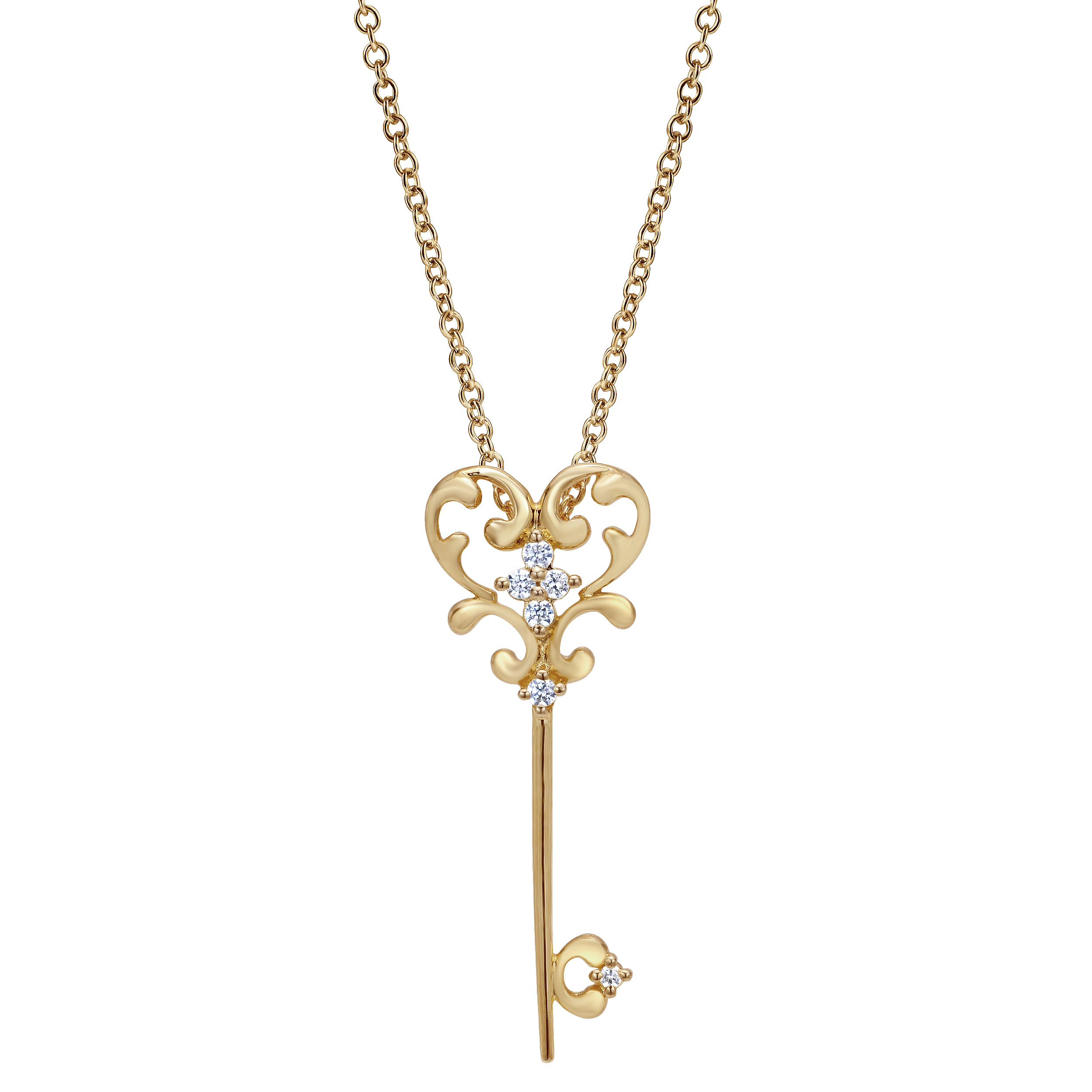 14K Yellow Gold Filigree Diamond Heart Key Pendant Necklace