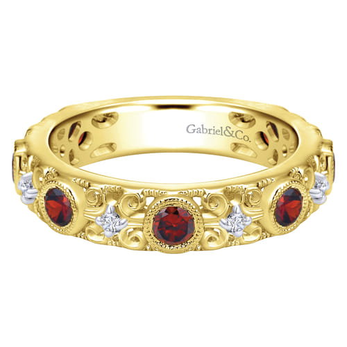 14K Yellow Gold Filligree Garnet and Diamond Stackable Ring