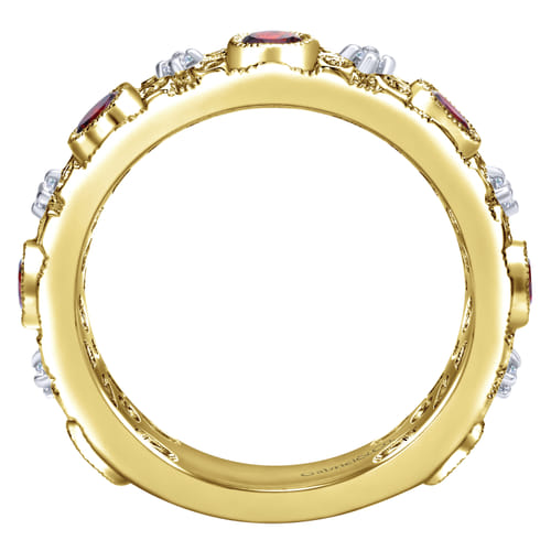 14K Yellow Gold Filligree Garnet and Diamond Stackable Ring