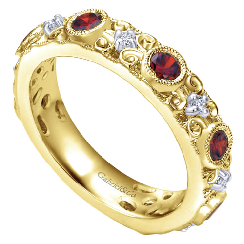 14K Yellow Gold Filligree Garnet and Diamond Stackable Ring