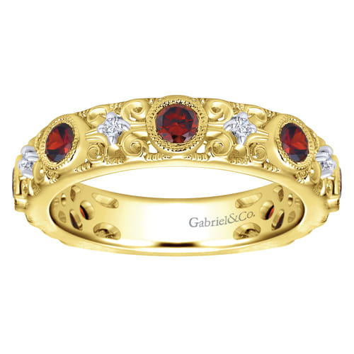 14K Yellow Gold Filligree Garnet and Diamond Stackable Ring