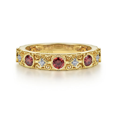 14K Yellow Gold Filligree Garnet and Diamond Stackable Ring