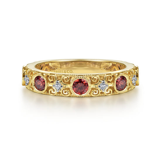 14K Yellow Gold Filligree Garnet and Diamond Stackable Ring