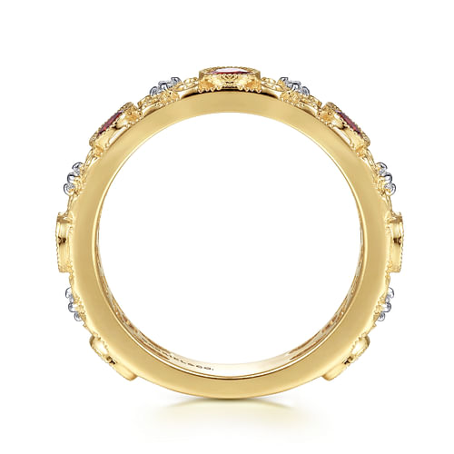 14K Yellow Gold Filligree Garnet and Diamond Stackable Ring