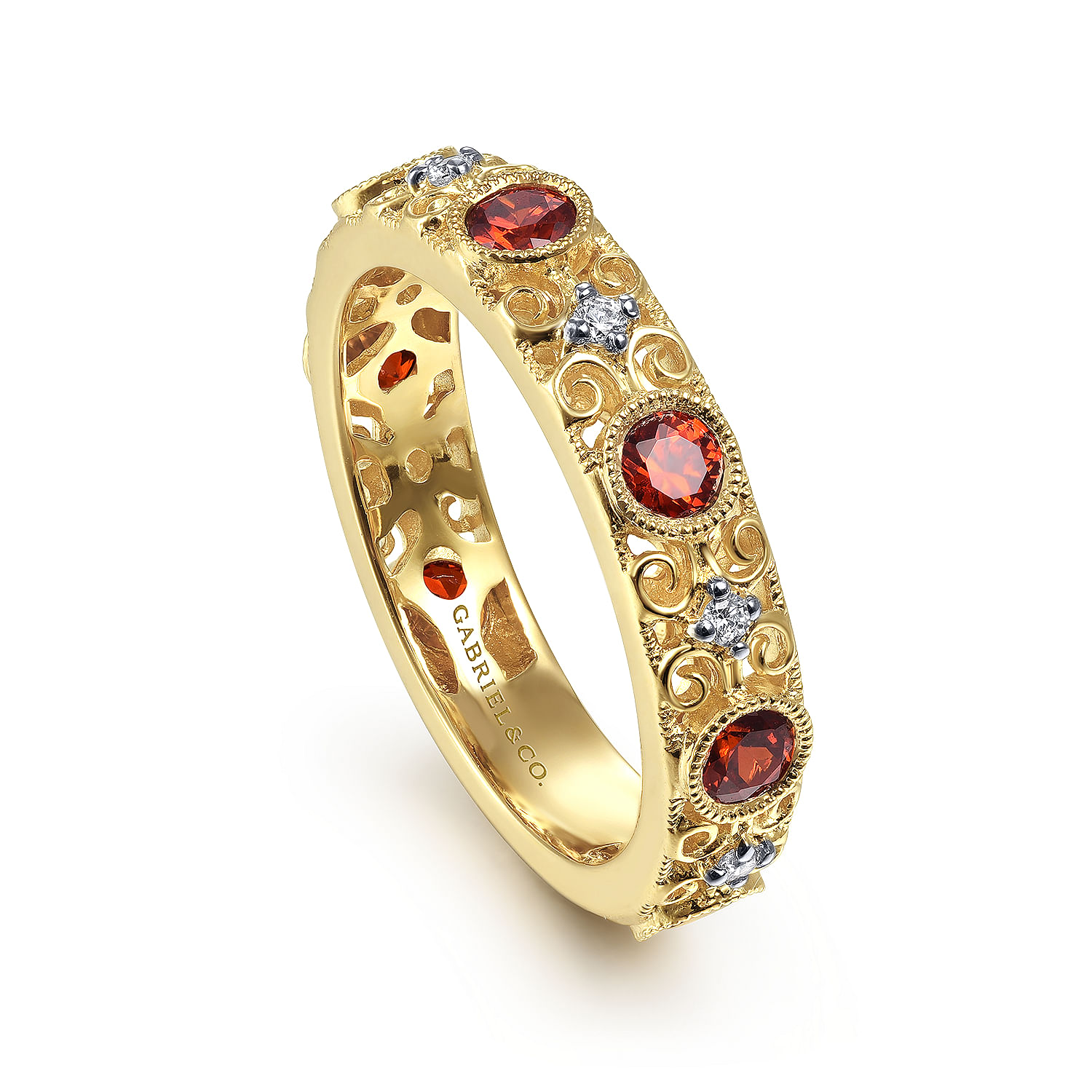 14K Yellow Gold Filligree Garnet and Diamond Stackable Ring