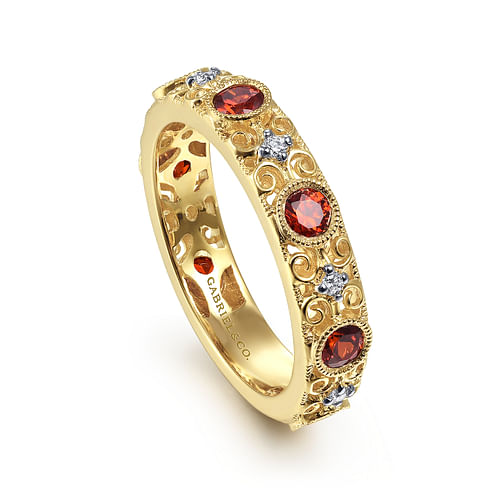 14K Yellow Gold Filligree Garnet and Diamond Stackable Ring