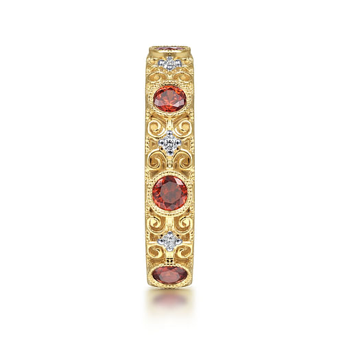 14K Yellow Gold Filligree Garnet and Diamond Stackable Ring