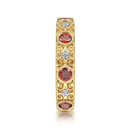 14K Yellow Gold Filligree Garnet and Diamond Stackable Ring angle 4