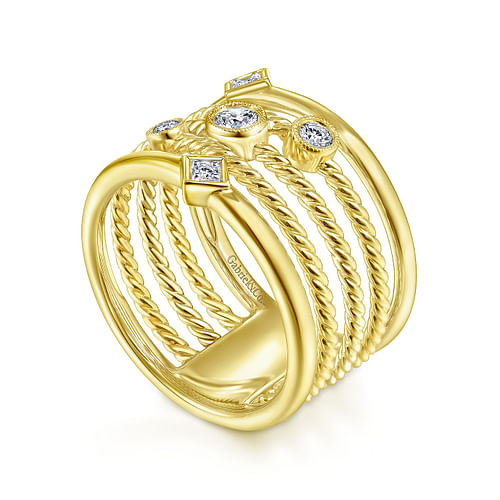 14K Yellow Gold Five Row Twisted Rope and Diamond Station Ring