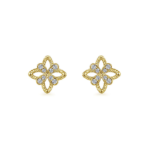 14K Yellow Gold Floral Diamond Stud Earrings