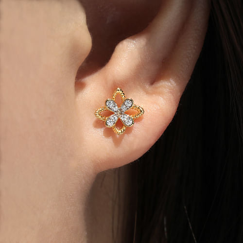 14K Yellow Gold Floral Diamond Stud Earrings