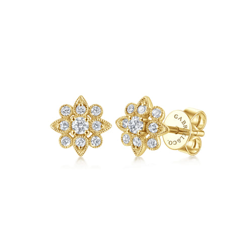 14K Yellow Gold Floral Diamond Stud Earrings