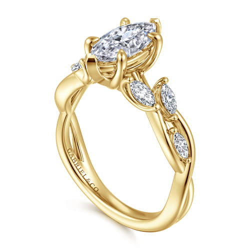 14K Yellow Gold Floral Marquise Diamond Engagement Ring