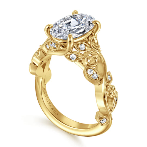 14K Yellow Gold Floral Oval Diamond Engagement Ring