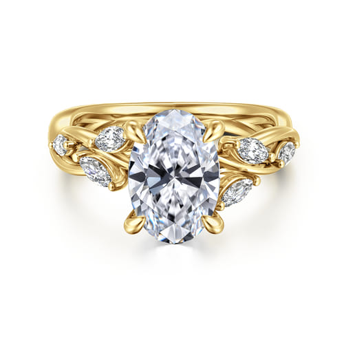 14K Yellow Gold Floral Oval Diamond Engagement Ring