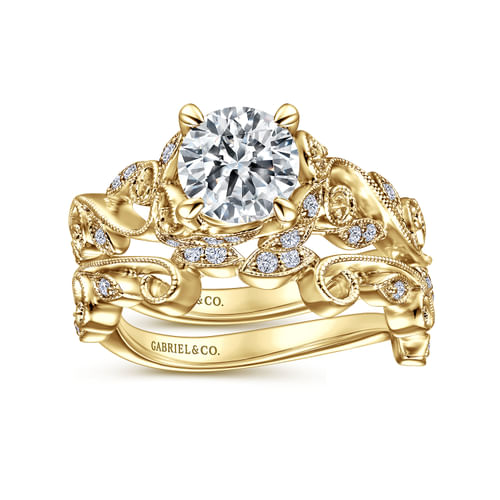 14K Yellow Gold Floral Round Diamond Engagement Ring