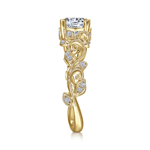14K Yellow Gold Floral Round Diamond Engagement Ring