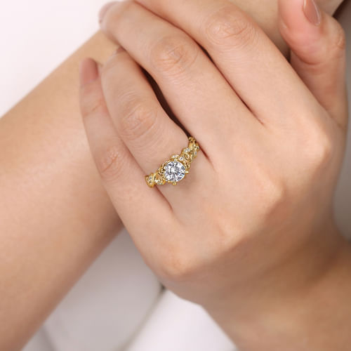 14K Yellow Gold Floral Round Diamond Engagement Ring