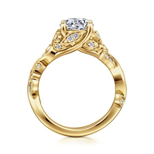 14K Yellow Gold Floral Round Diamond Engagement Ring