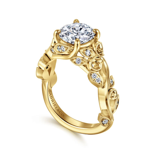 14K Yellow Gold Floral Round Diamond Engagement Ring