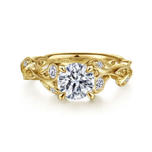 14K Yellow Gold Floral Round Diamond Engagement Ring
