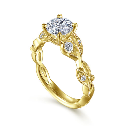 14K Yellow Gold Floral Round Diamond Engagement Ring