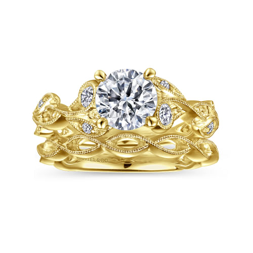 14K Yellow Gold Floral Round Diamond Engagement Ring