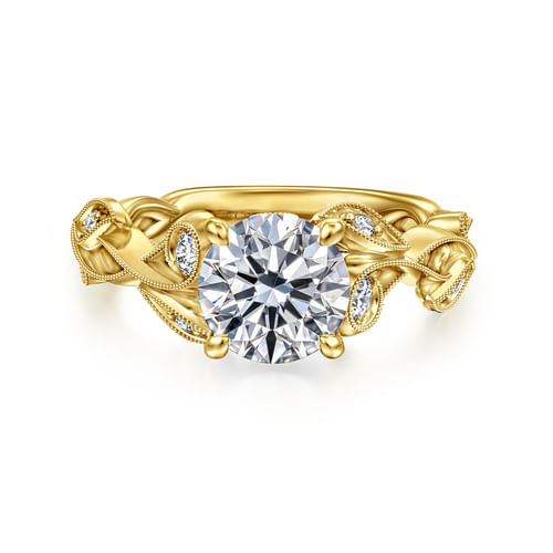 14K Yellow Gold Floral Round Diamond Engagement Ring