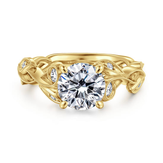 14K Yellow Gold Floral Round Diamond Engagement Ring