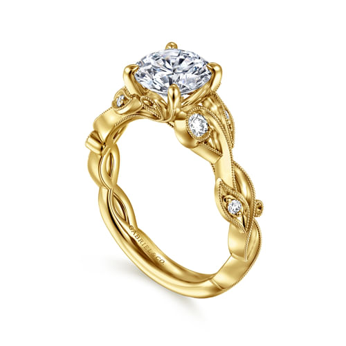14K Yellow Gold Floral Round Diamond Engagement Ring