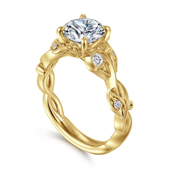 14K Yellow Gold Floral Round Diamond Engagement Ring angle 3