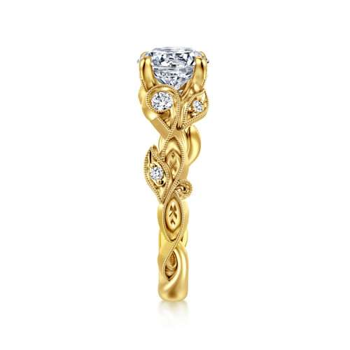 14K Yellow Gold Floral Round Diamond Engagement Ring
