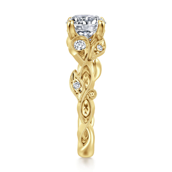 14K Yellow Gold Floral Round Diamond Engagement Ring angle 5