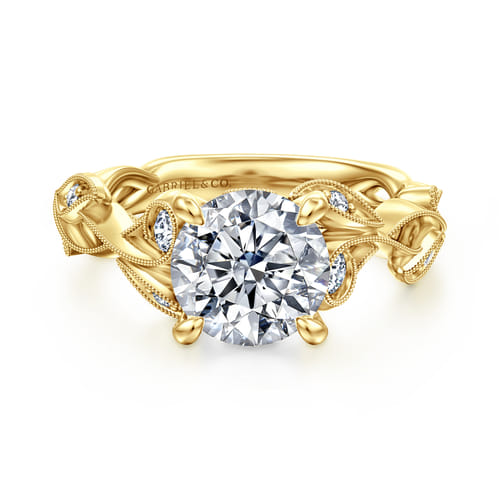 14K Yellow Gold Floral Round Diamond Engagement Ring