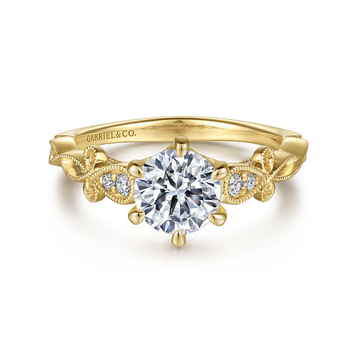 14K Yellow Gold Floral Round Diamond Engagement Ring