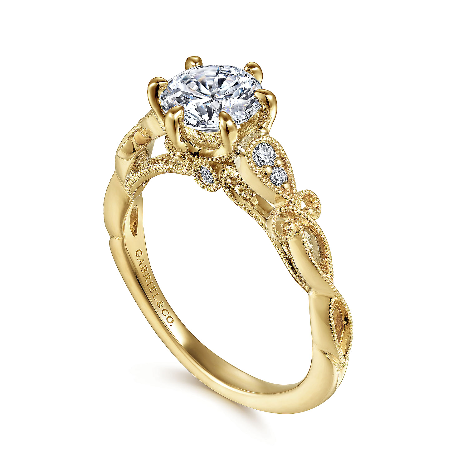 14K Yellow Gold Floral Round Diamond Engagement Ring