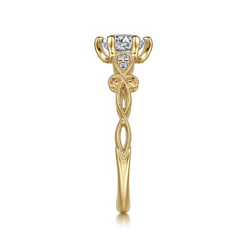 14K Yellow Gold Floral Round Diamond Engagement Ring