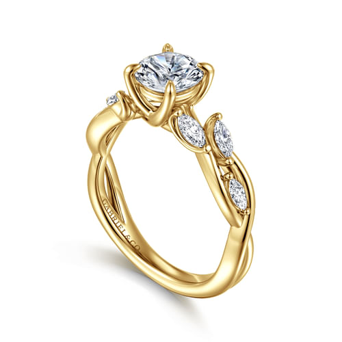 14K Yellow Gold Floral Round Diamond Engagement Ring