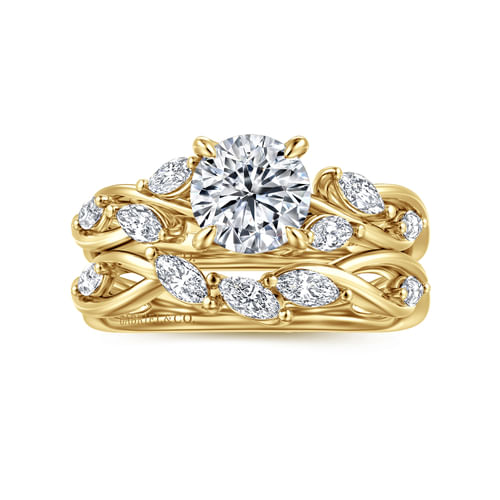 14K Yellow Gold Floral Round Diamond Engagement Ring
