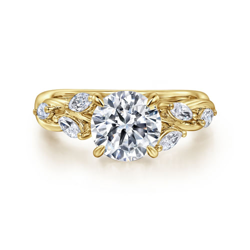 14K Yellow Gold Floral Round Diamond Engagement Ring