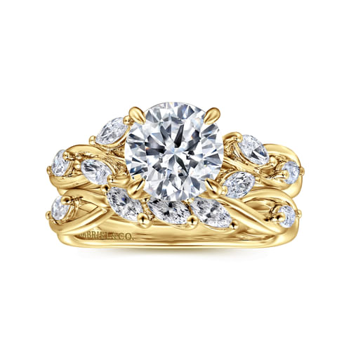 14K Yellow Gold Floral Round Diamond Engagement Ring