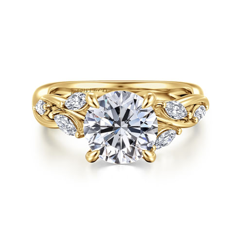 14K Yellow Gold Floral Round Diamond Engagement Ring
