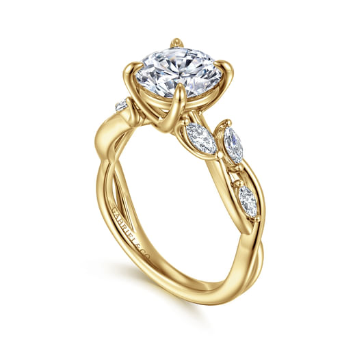 14K Yellow Gold Floral Round Diamond Engagement Ring