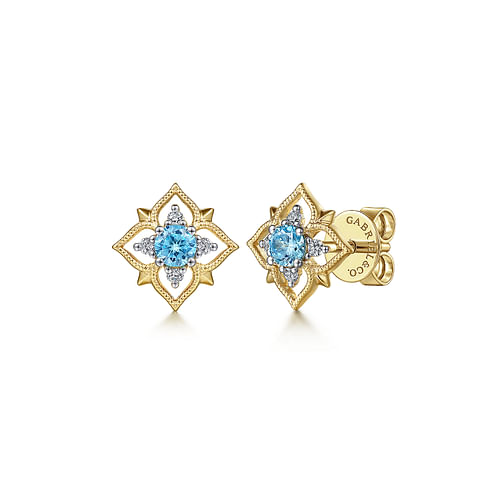 14K Yellow Gold Floral Swiss Blue Topaz and Diamond Stud Earrings