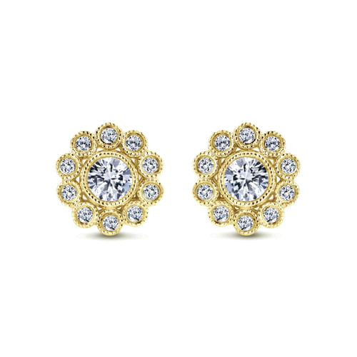 14K Yellow Gold Flower Diamond Stud Earrings