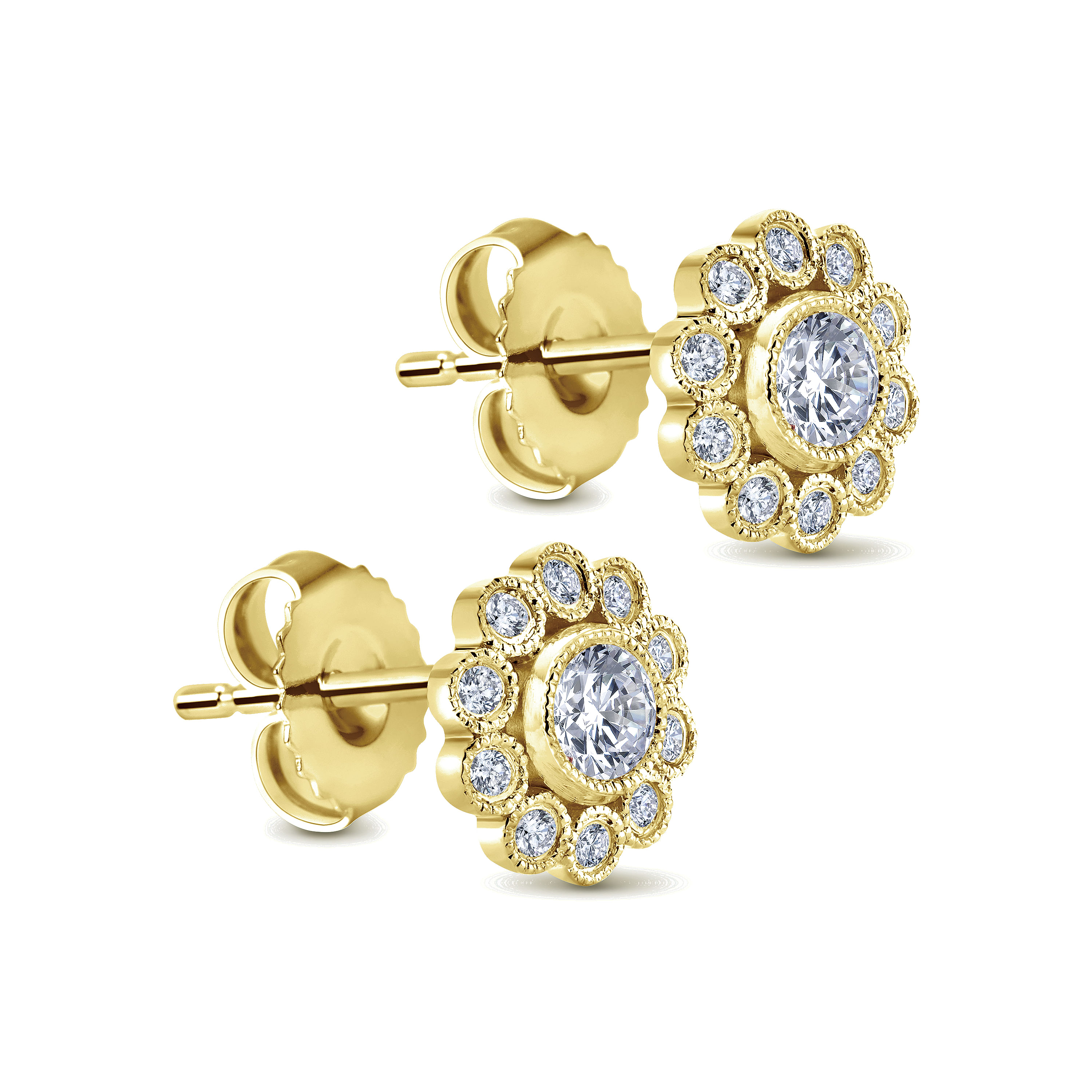14K Yellow Gold Flower Diamond Stud Earrings